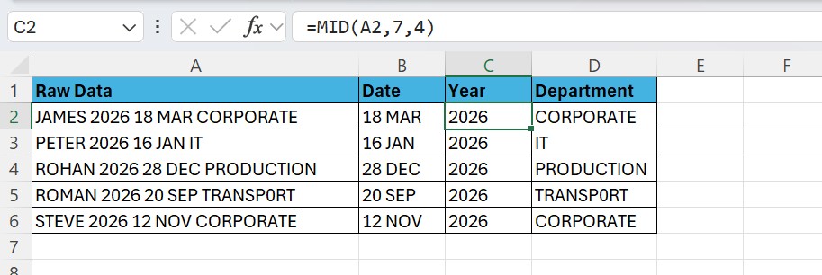 MID Function Example in Excel